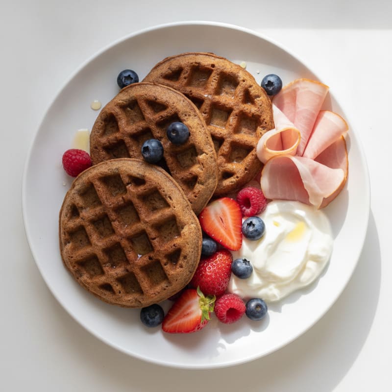 Banana-Cacao Protein Waffles with Fruit
