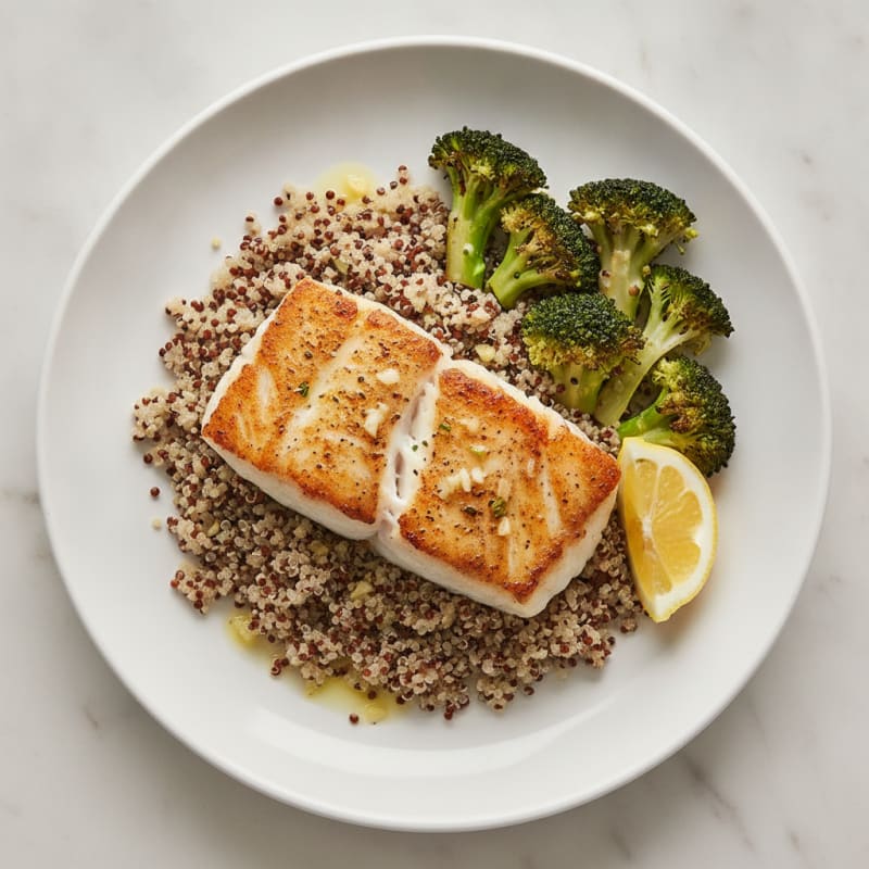 Seared Cod Fillet with Roasted Broccoli and Quinoa