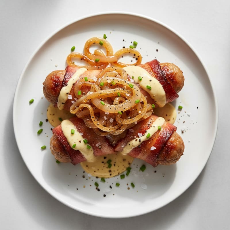 Bacon-Wrapped Hot Dogs with Caramelized Onions