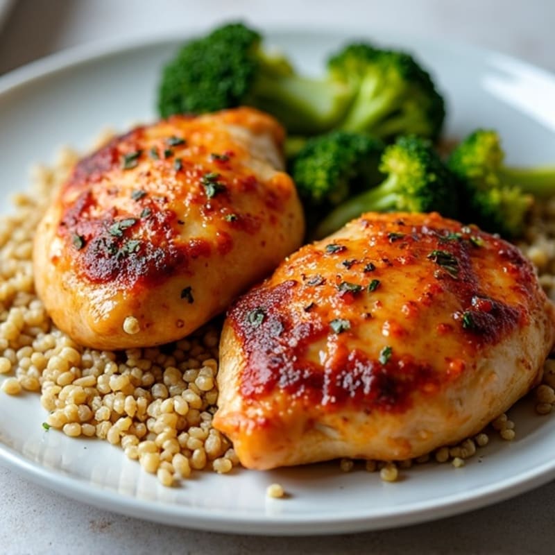 Spicy Peanut-Glazed Chicken Thighs with Crispy Roasted Broccoli and Quinoa