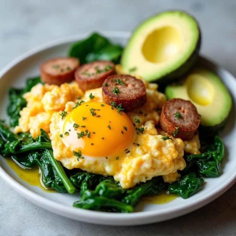 Egg White and Turkey Sausage Scramble with Sautéed Spinach