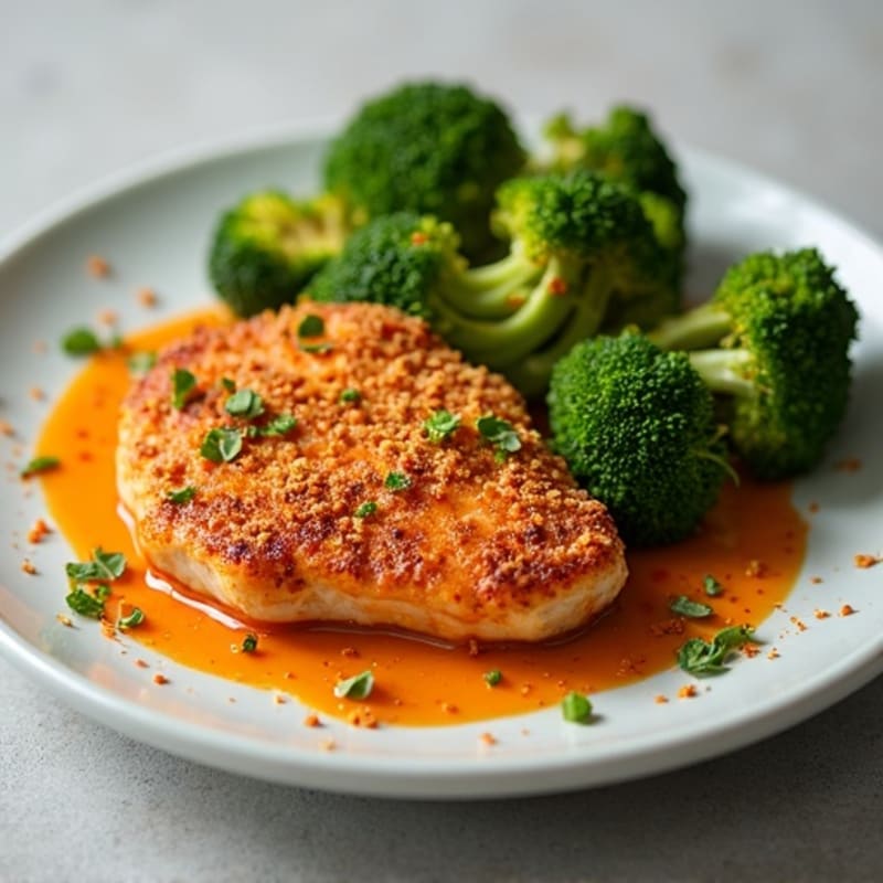Crispy Chicken with Spicy Almond Butter Sauce and Roasted Broccoli