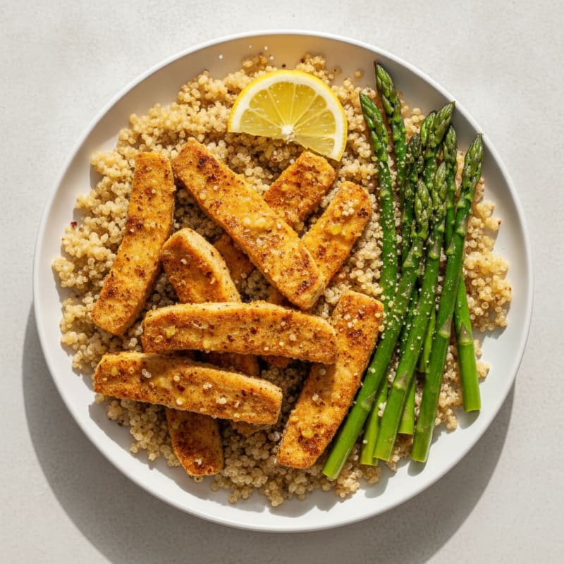 Crispy Baked Seitan with Quinoa and Steamed Asparagus