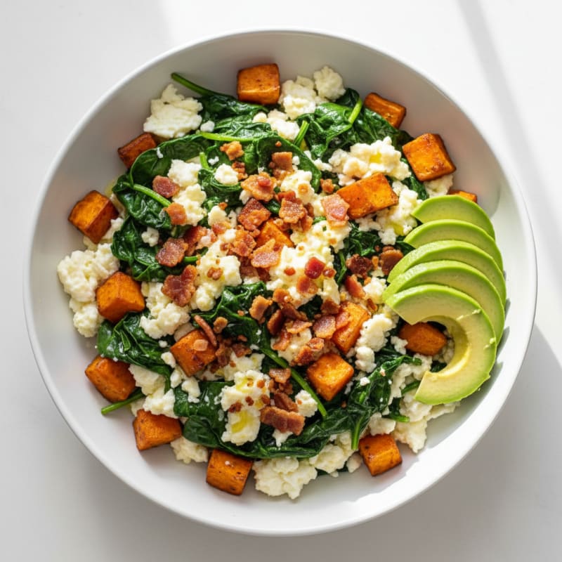 Crispy Turkey Bacon and Egg White Breakfast Bowl with Sautéed Spinach