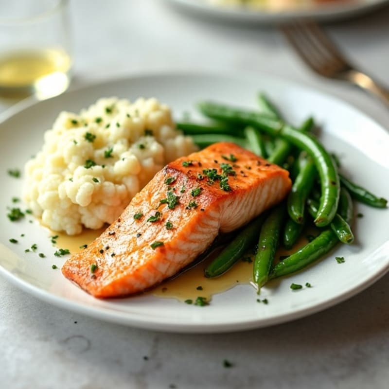 Seared Salmon with Steamed Green Beans and Garlic Mashed Cauliflower