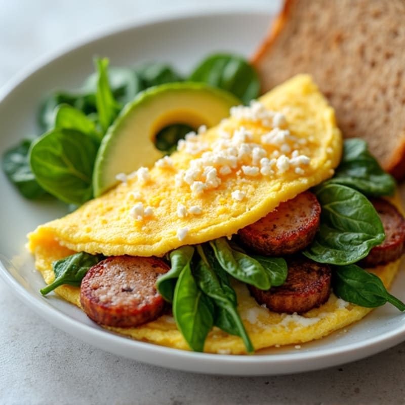 Egg White Omelette with Turkey Sausage, Spinach, and Avocado Toast