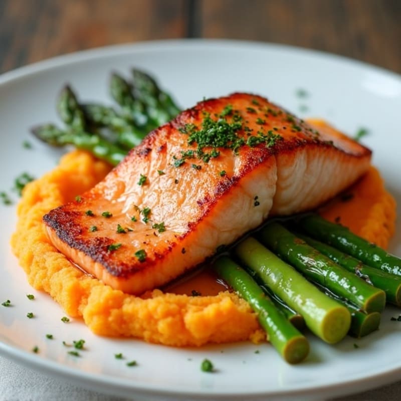 Seared Salmon Fillet with Roasted Asparagus and Sweet Potato Mash