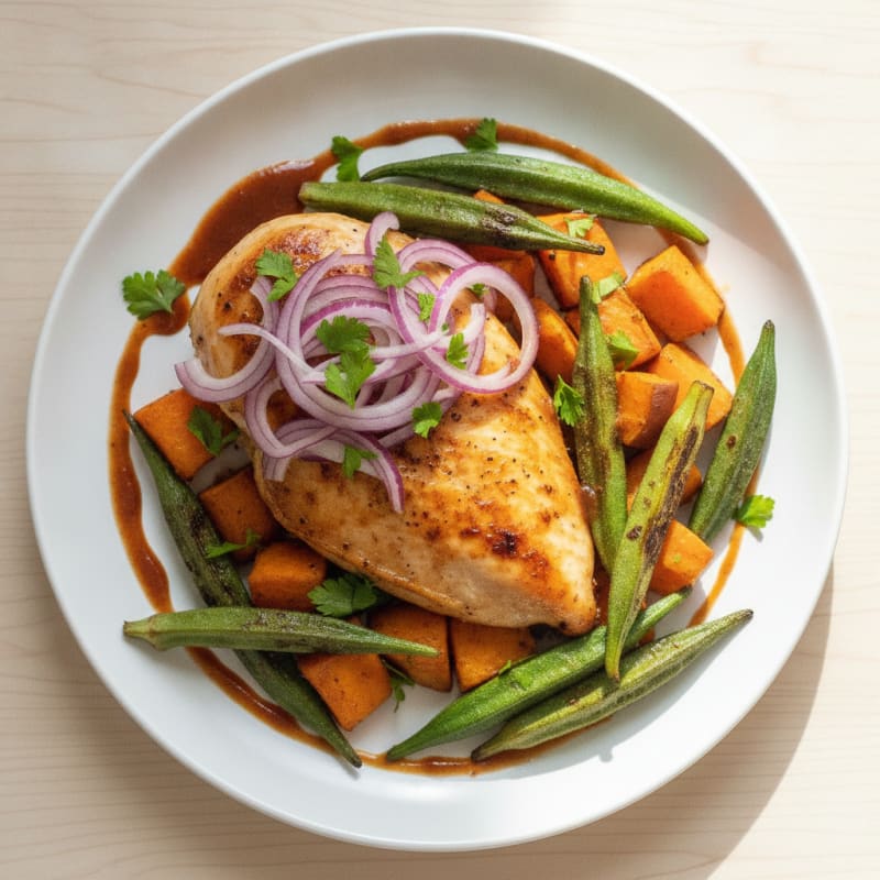 Baked Chicken with Roasted Okra and Sweet Potatoes