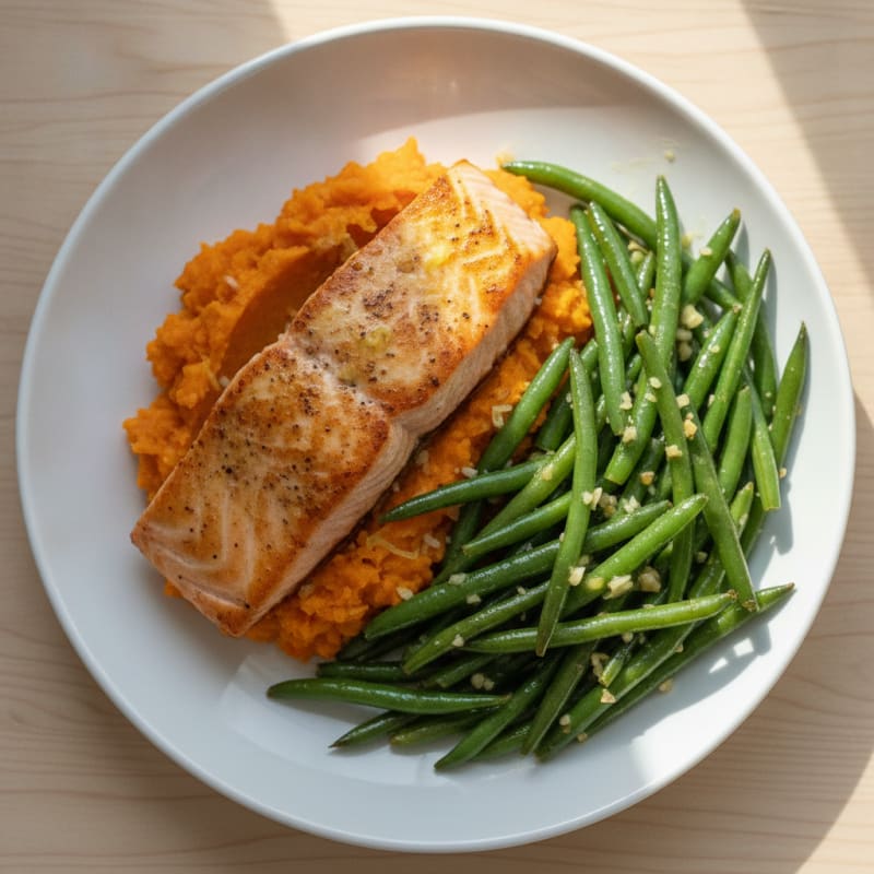 Pan-Seared Salmon with Garlic Green Beans and Sweet Potato Mash