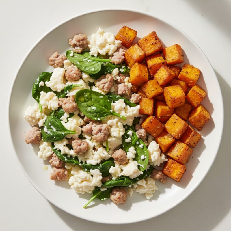 Egg White and Turkey Sausage Scramble with Spinach and Roasted Sweet Potato