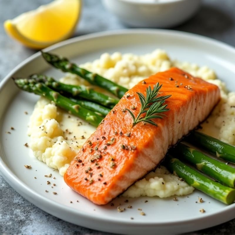 Seared Salmon with Roasted Asparagus and Cauliflower Mash