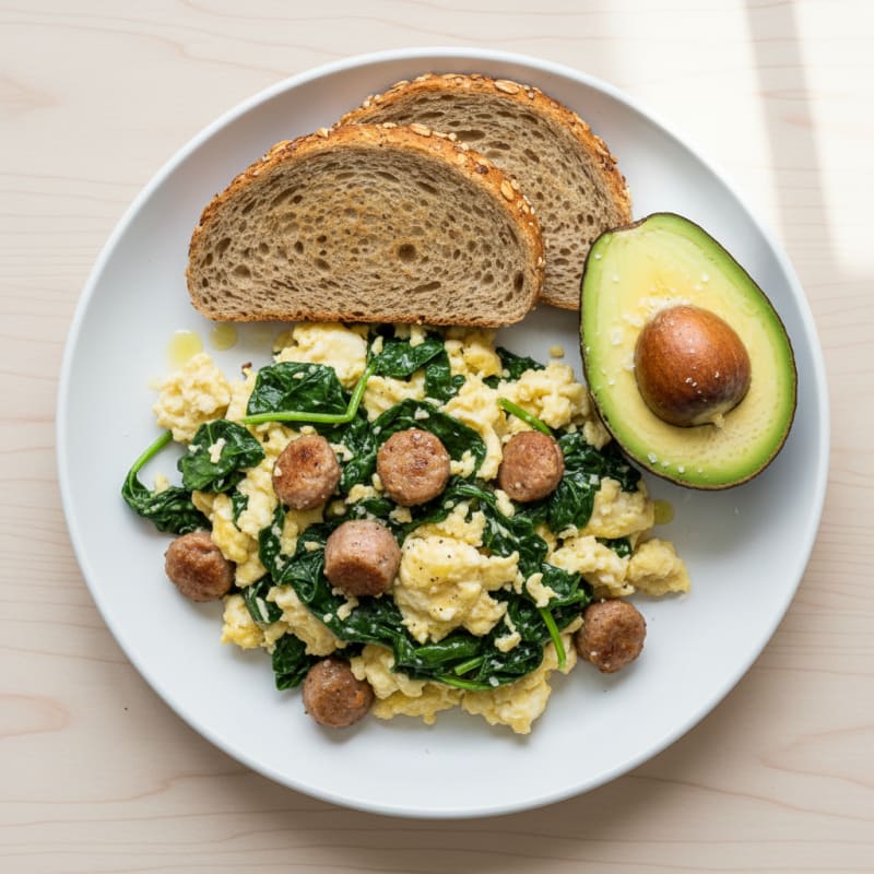 Egg White and Turkey Sausage Scramble with Sautéed Spinach