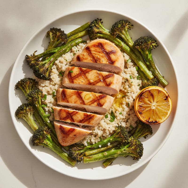 Grilled Chicken Breast with Creamy Quinoa and Roasted Broccoli