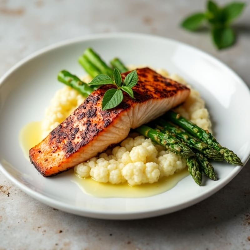Seared Salmon with Roasted Asparagus and Cauliflower Mash