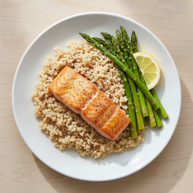 Seared Salmon with Steamed Asparagus and Brown Rice