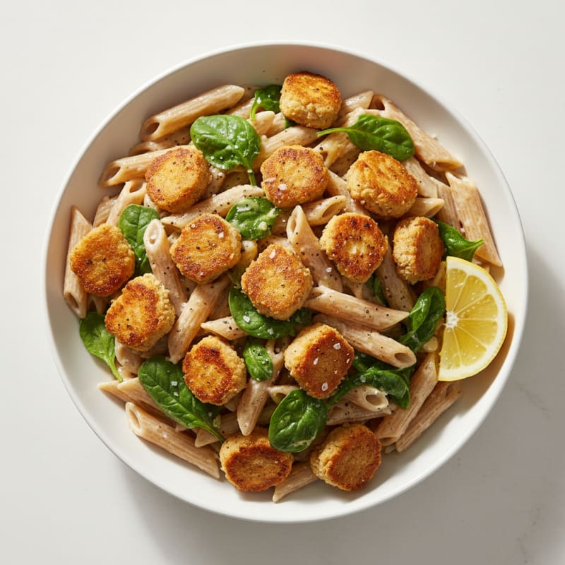 Creamy Garlic White Bean Pasta with Crispy Soy Chunks