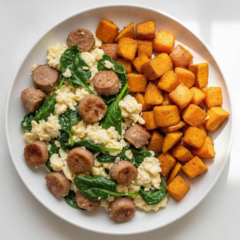 Egg White and Turkey Sausage Scramble with Spinach and Roasted Sweet Potatoes