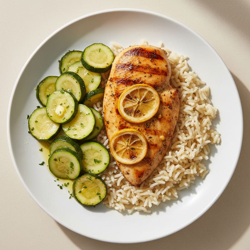 Grilled Chicken Breast with Steamed Zucchini and Basmati Rice