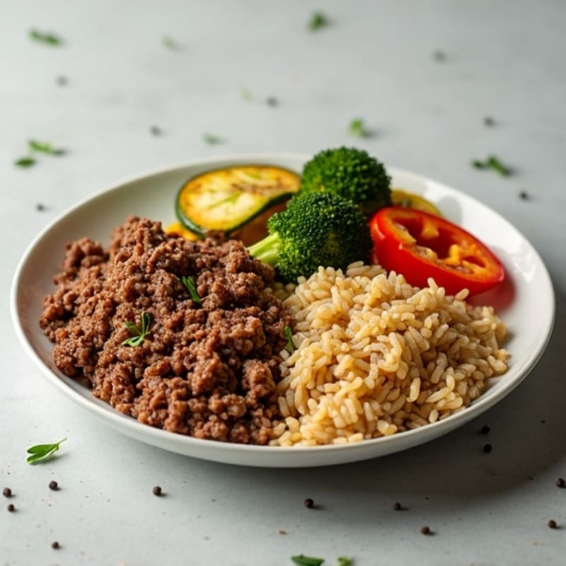 Lean Ground Beef with Brown Rice and Roasted Vegetables