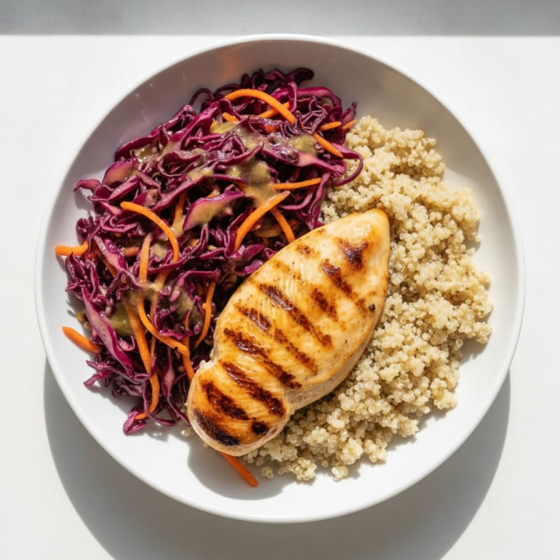 Grilled Chicken Breast with Crunchy Cabbage Slaw and Quinoa