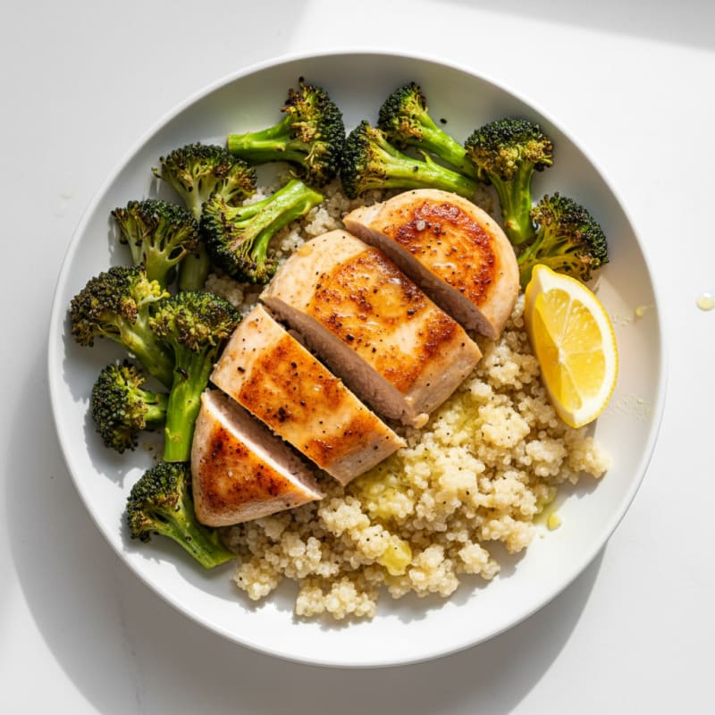 Seared Chicken Breast with Quinoa and Roasted Broccoli