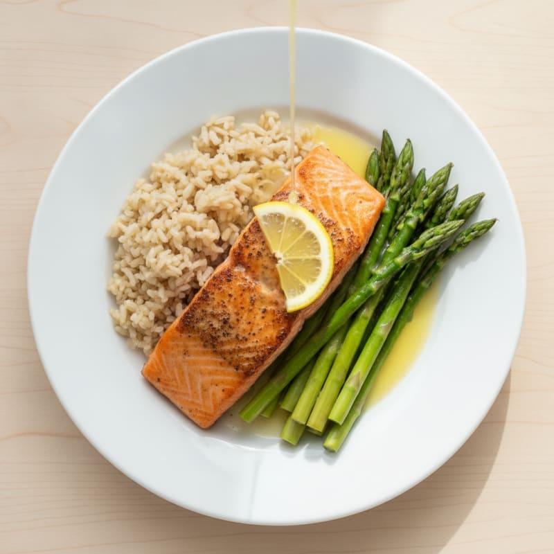 Seared Salmon with Steamed Asparagus and Brown Rice