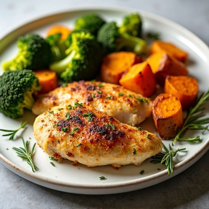 Crispy Lemon-Herb Sheet Pan Roasted Chicken and Broccoli with Sweet Potatoes