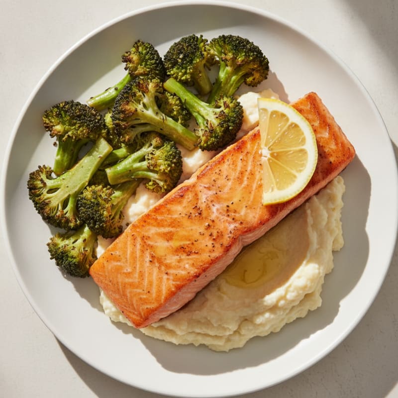 Seared Salmon with Roasted Broccoli and Cauliflower Mash