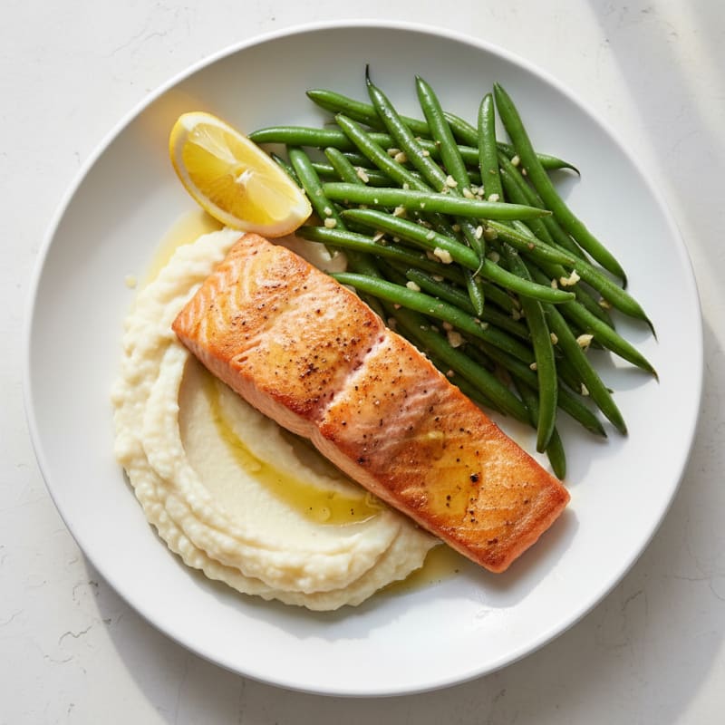 Seared Salmon with Garlic Green Beans and Cauliflower Mash