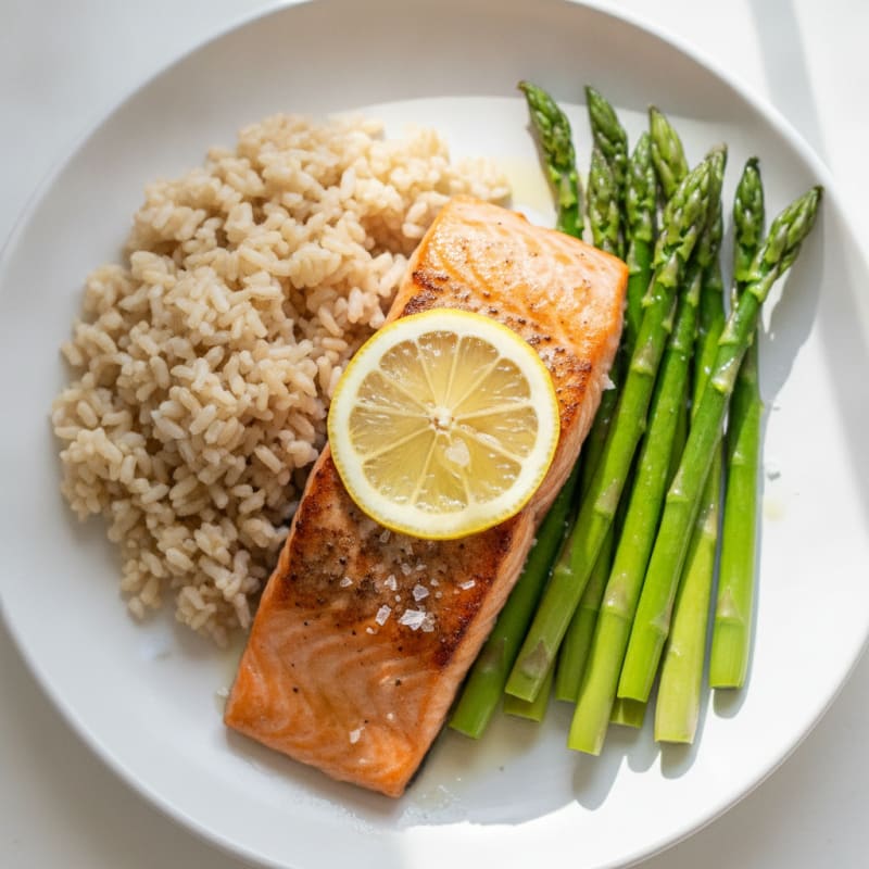 Seared Salmon with Steamed Asparagus and Brown Rice