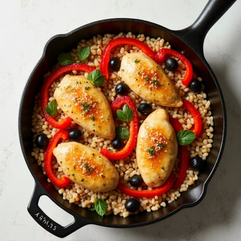 One-Pan Chicken and Brown Rice Skillet with Bell Peppers and Olives