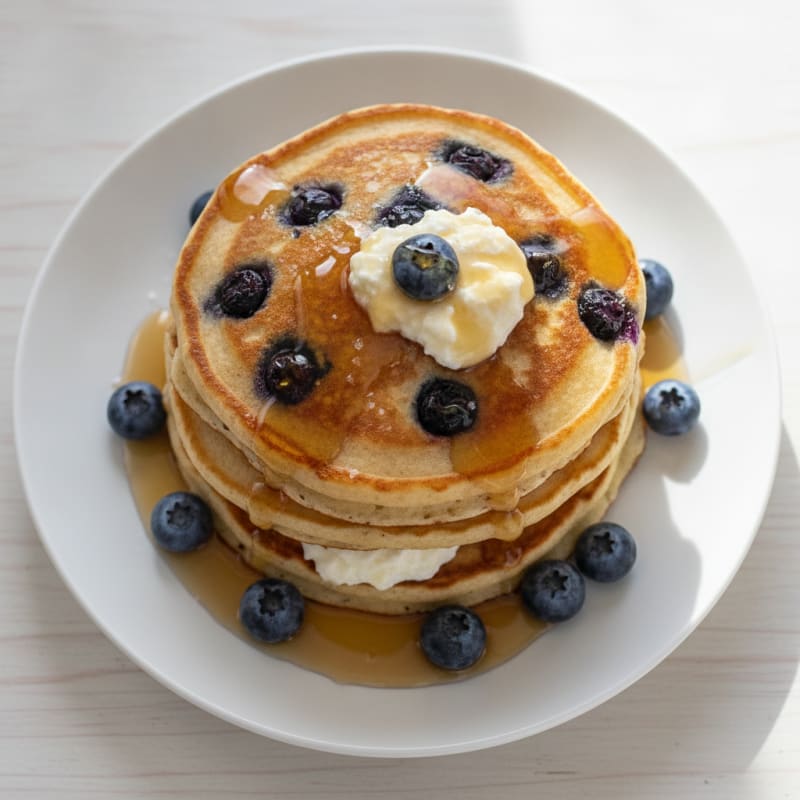 Blueberry Ricotta Pancakes with Maple Syrup