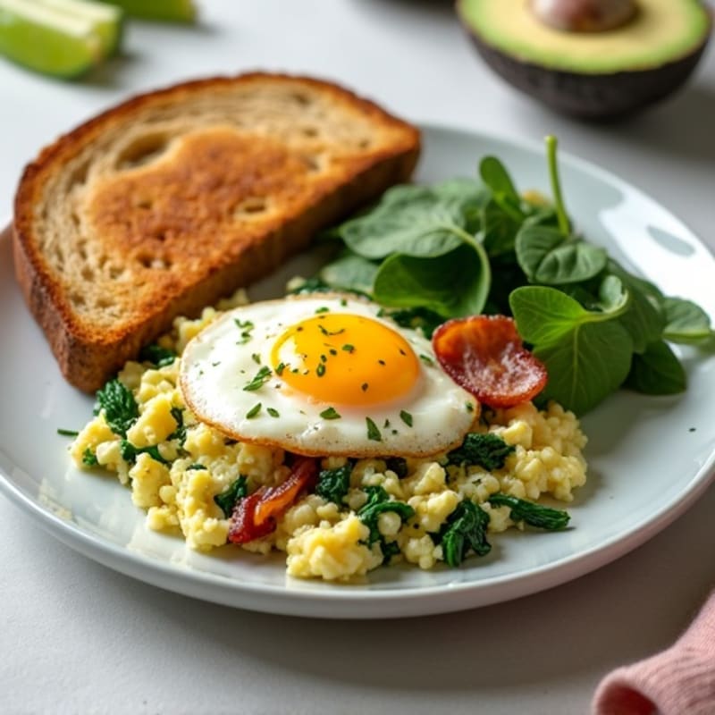 Cottage Cheese and Egg Scramble with Sautéed Spinach, Turkey Bacon, Toast & Avocado
