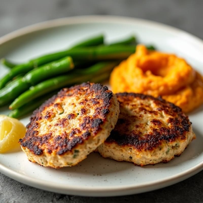 Seared Turkey Patties with Garlic Green Beans and Sweet Potato Mash