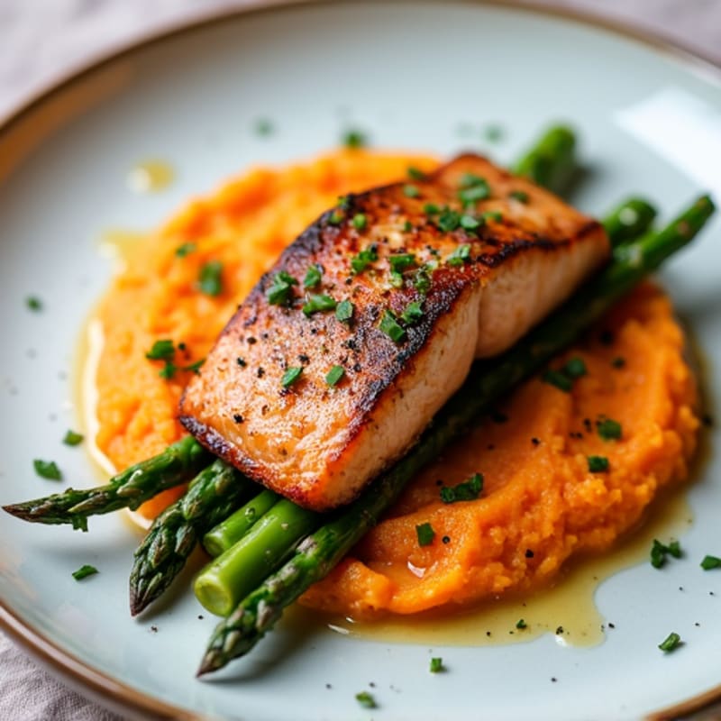 Seared Salmon with Roasted Asparagus and Sweet Potato Mash