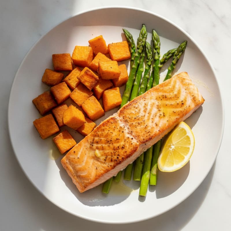 Pan-Seared Salmon with Roasted Sweet Potato and Asparagus