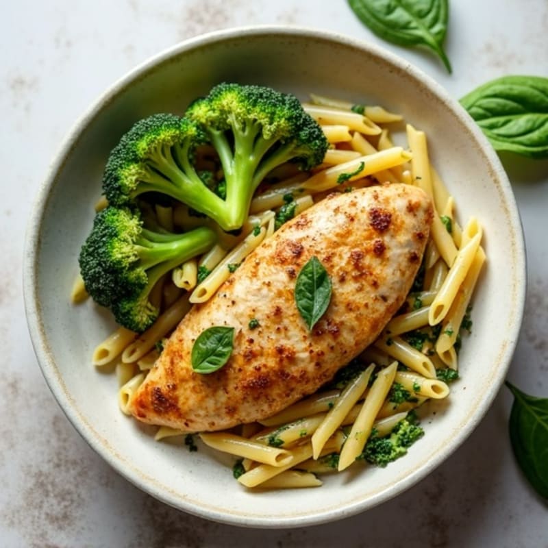 Chicken Pesto Whole Wheat Pasta with Roasted Broccoli