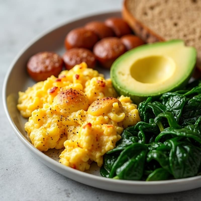 Egg White and Turkey Sausage Scramble with Sautéed Spinach