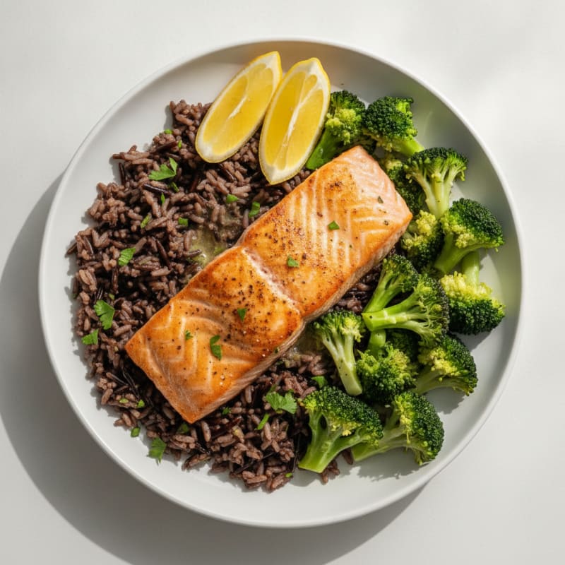 Seared Salmon with Steamed Broccoli and Wild Rice