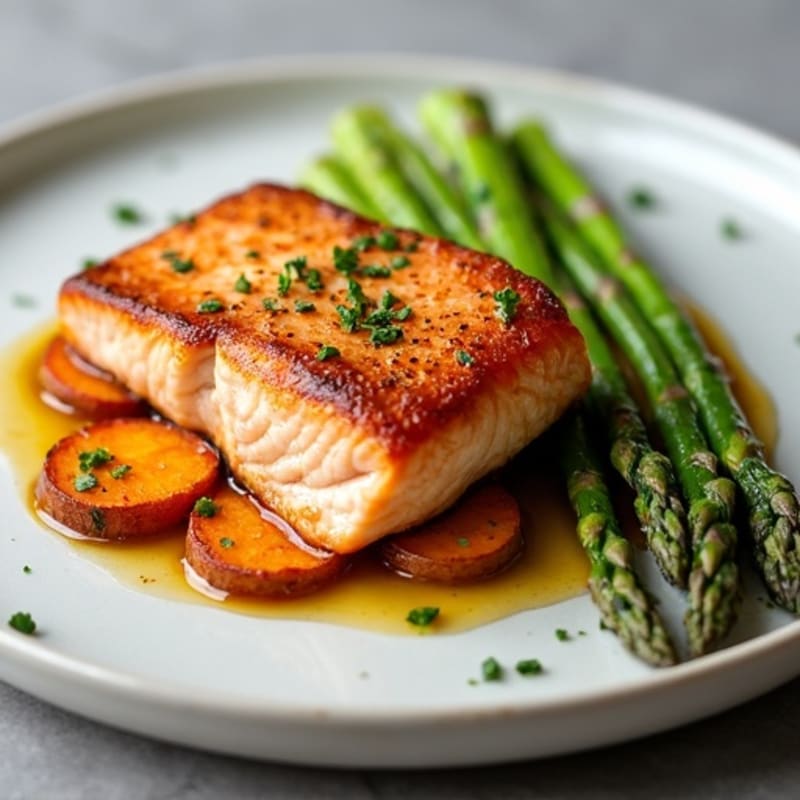 Seared Salmon with Roasted Sweet Potatoes and Asparagus