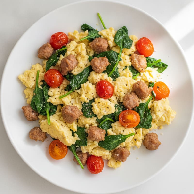 Egg White Scramble with Turkey Sausage and Sautéed Spinach