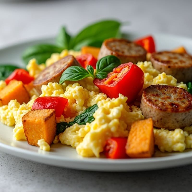 Egg White and Turkey Sausage Scramble with Roasted Sweet Potato