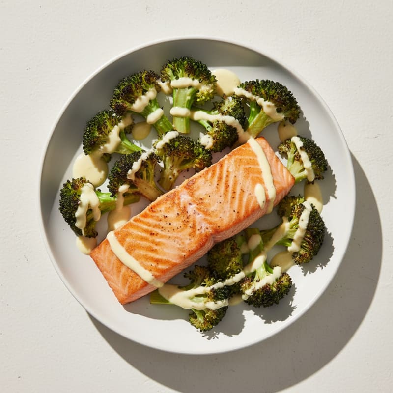 Seared Salmon with Roasted Broccoli and Lemon Yogurt Sauce