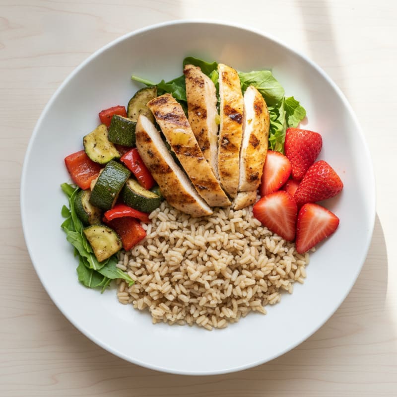 Grilled Chicken and Veggie Rice Bowl with Fresh Fruit