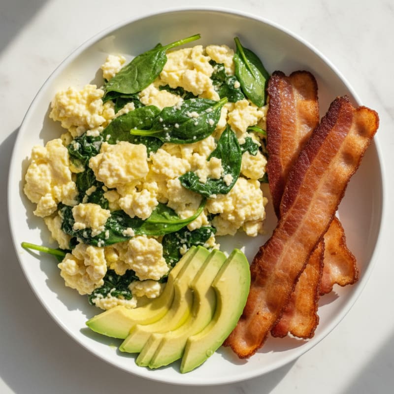 Cottage Cheese Egg Scramble with Spinach and Turkey Bacon