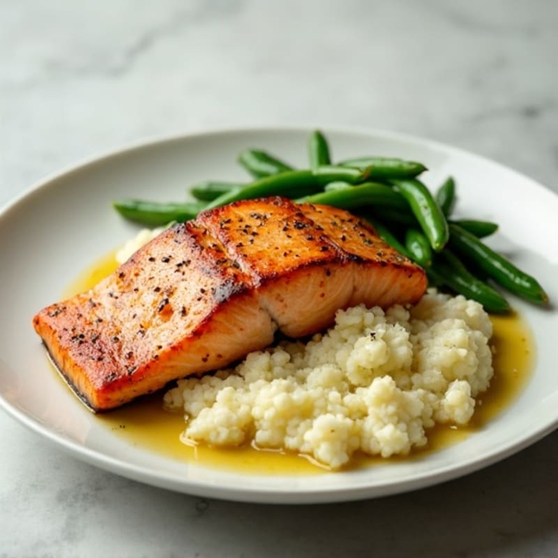 Seared Salmon with Garlic Green Beans and Cauliflower Mash
