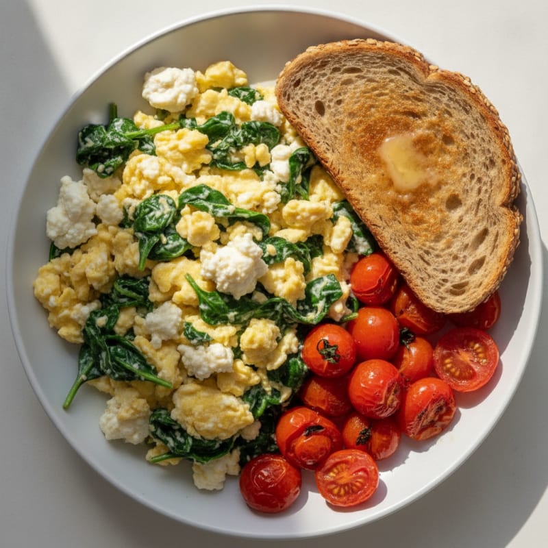 Cottage Cheese Scramble with Spinach and Roasted Tomatoes