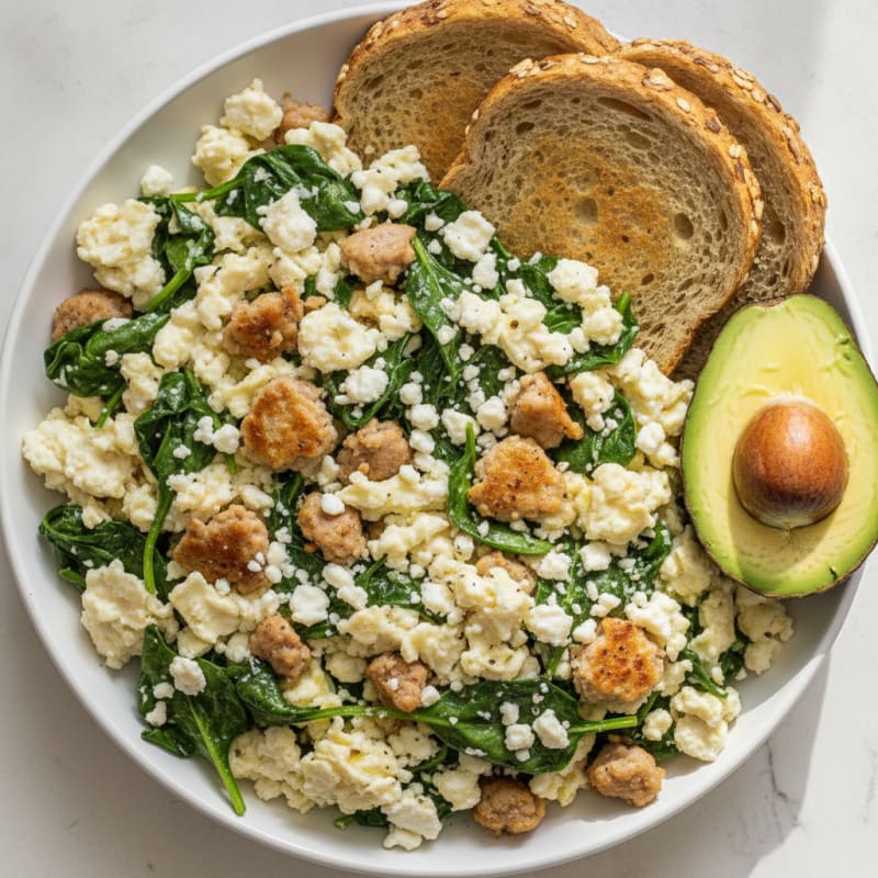 Egg White and Turkey Sausage Scramble with Spinach and Feta