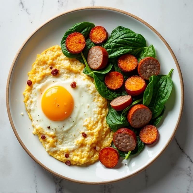 Egg White and Turkey Sausage Scramble with Spinach and Roasted Sweet Potatoes