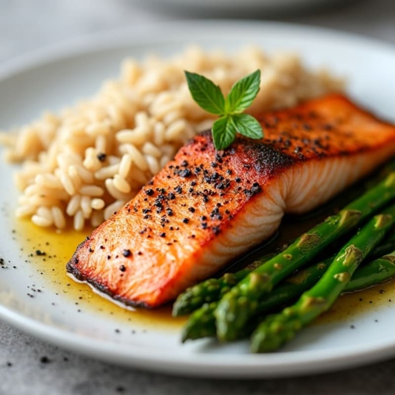 Seared Salmon with Steamed Asparagus and Brown Rice